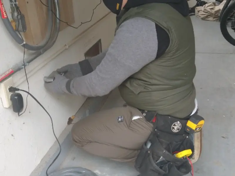 Electrician performing outlet wiring in a Calumet garage